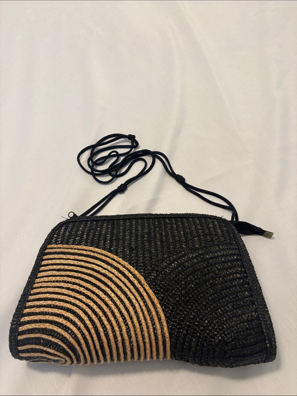 VTG Black Straw Crossbody Bag w/Tan Accent East to West bag 1980s retro rattan